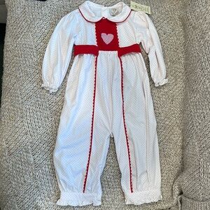 NWT LBS pink polka dot heart smocked knit jumpsuit 2t